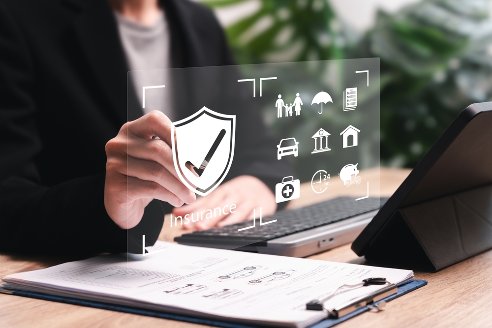 A businesswoman checks a car service document, marking an insurance icon, representing the concept of insurance and protection for travel, family, life, financial security, and health.