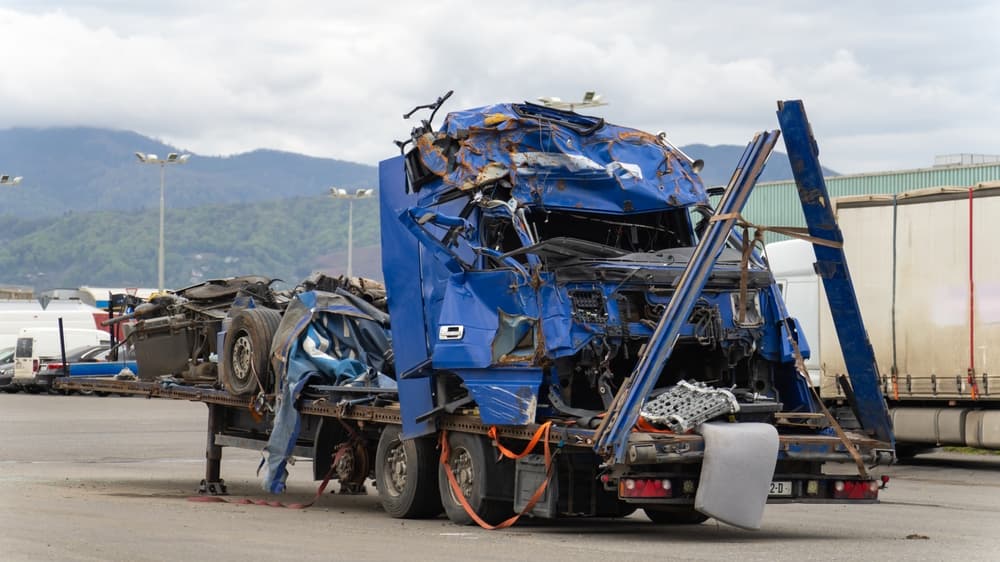 Dented blue truck cab and a semi-trailer on a tow platform in the parking lot after a serious accident.