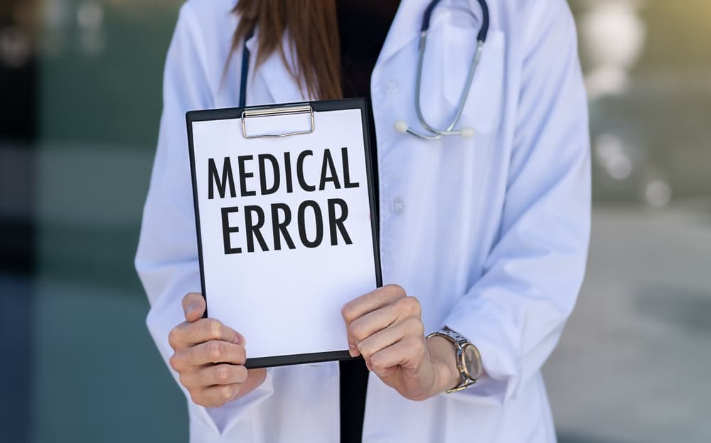 Doctor holding a clipboard with a sheet of paper labeled 'medical error' on it, with a blurred background.