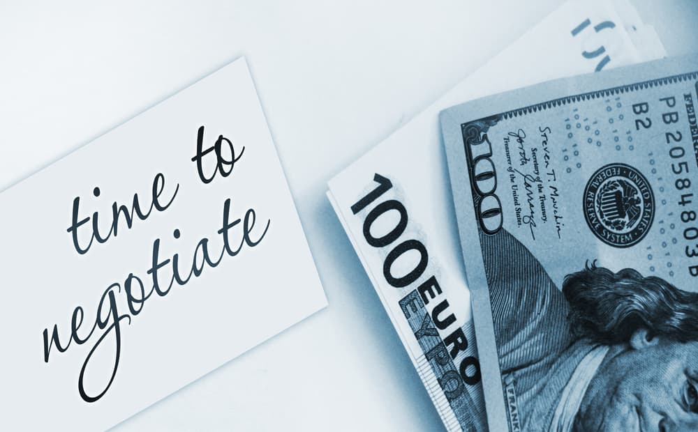 Card with the text 'Time To Negotiate' on a white table, accompanied by a 100 Euro bill and 100 US dollar banknotes. Business negotiation concept.