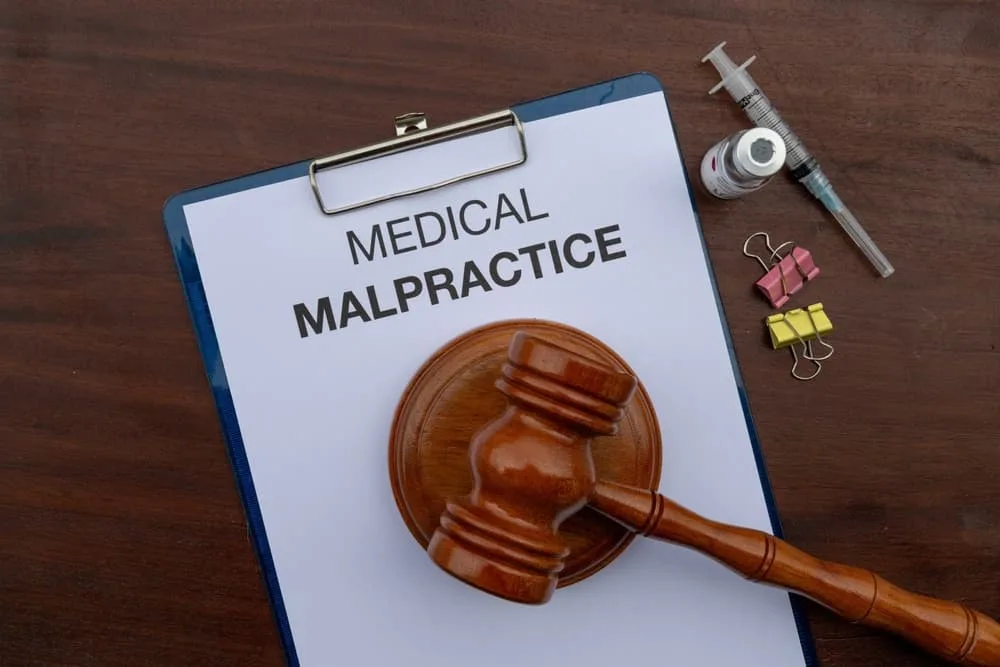 Medical Malpractice Paper in Clipboard with Gavel on Desk
