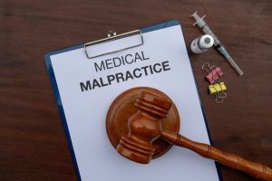 A clipboard with a paper labeled "Medical Malpractice," a judge's gavel, a syringe, a vial, and binder clips on a wooden surface.