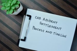A clipboard with a paper labeled "Car Accident Settlement Process and Timeline" next to a small potted plant on a striped wooden surface.