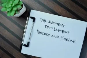 A clipboard with a paper labeled "Car Accident Settlement Process and Timeline" next to a small potted plant on a striped wooden surface.