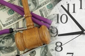 A judge's gavel, a stethoscope, and scattered US hundred-dollar bills overlaid with a clock face, symbolizing legal, medical, financial, and time-related themes.