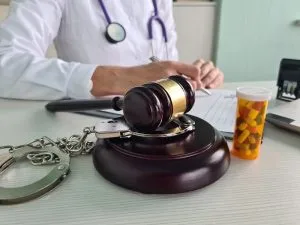 A gavel, handcuffs, and a bottle of pills on a desk, with a person in a lab coat and stethoscope filling out paperwork in the background.