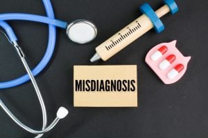 A stethoscope, syringe, and three pills surround a card labeled "MISDIAGNOSIS" on a black background.