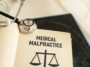 An open book titled "Medical Malpractice" with a stethoscope and an image of scales of justice beside it.