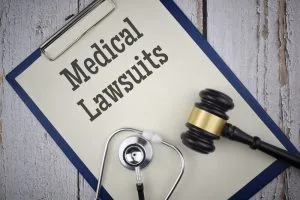 A clipboard with a paper labeled "Medical Lawsuits," beside a stethoscope and a judge's gavel on a wooden surface.