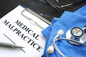 A clipboard with a document titled "Medical Malpractice" next to blue scrubs, a stethoscope, a pen, and glasses on a dark surface.
