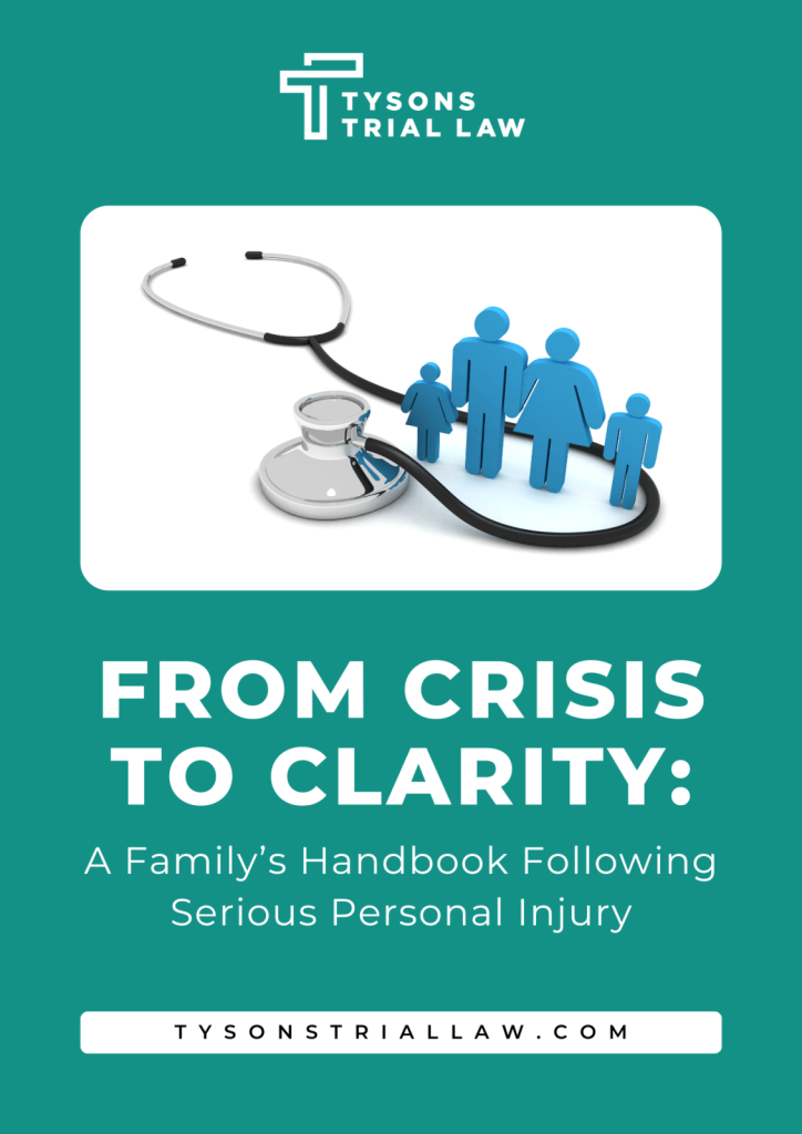A stethoscope encircles blue cutout figures of a family; text reads "From Crisis to Clarity: A Family’s Handbook Following Serious Personal Injury.