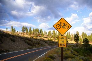 A yellow road sign with a bicycle symbol and "Share the Road" text stands beside a rural road lined with trees and bushes under a partly cloudy sky.