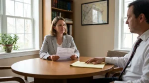 attorney holding legal document consulting with client at round office table