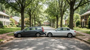 two vehicles involved in rear-end collision on tree-lined residential street