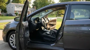 sedan parked in driveway with driver door open revealing interior and device on seat