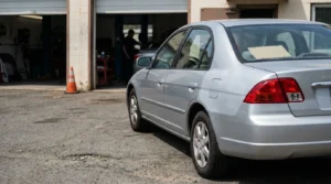 sedan with document on dashboard parked outside auto repair shop with mechanic