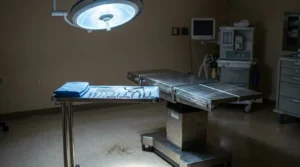 empty operating room with surgical instruments tray and overhead surgical light