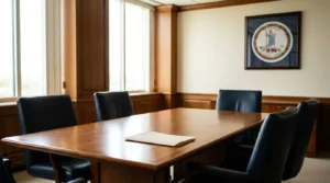 formal conference room with wooden table, leather chairs, and Virginia state seal