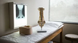 spinal anatomical model and neck brace on medical examination table beside X-ray lightbox