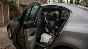 sedan rear door open revealing infant car seat and folded blanket inside