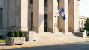 Virginia state flag mounted on neoclassical courthouse exterior with stone columns and steps