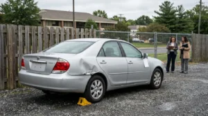 Dented sedan with evidence tag as adjusters review clipboards during accident inspection
