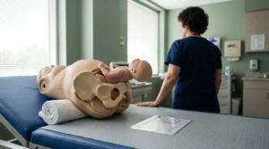 childbirth simulation mannequin with infant model on medical exam table